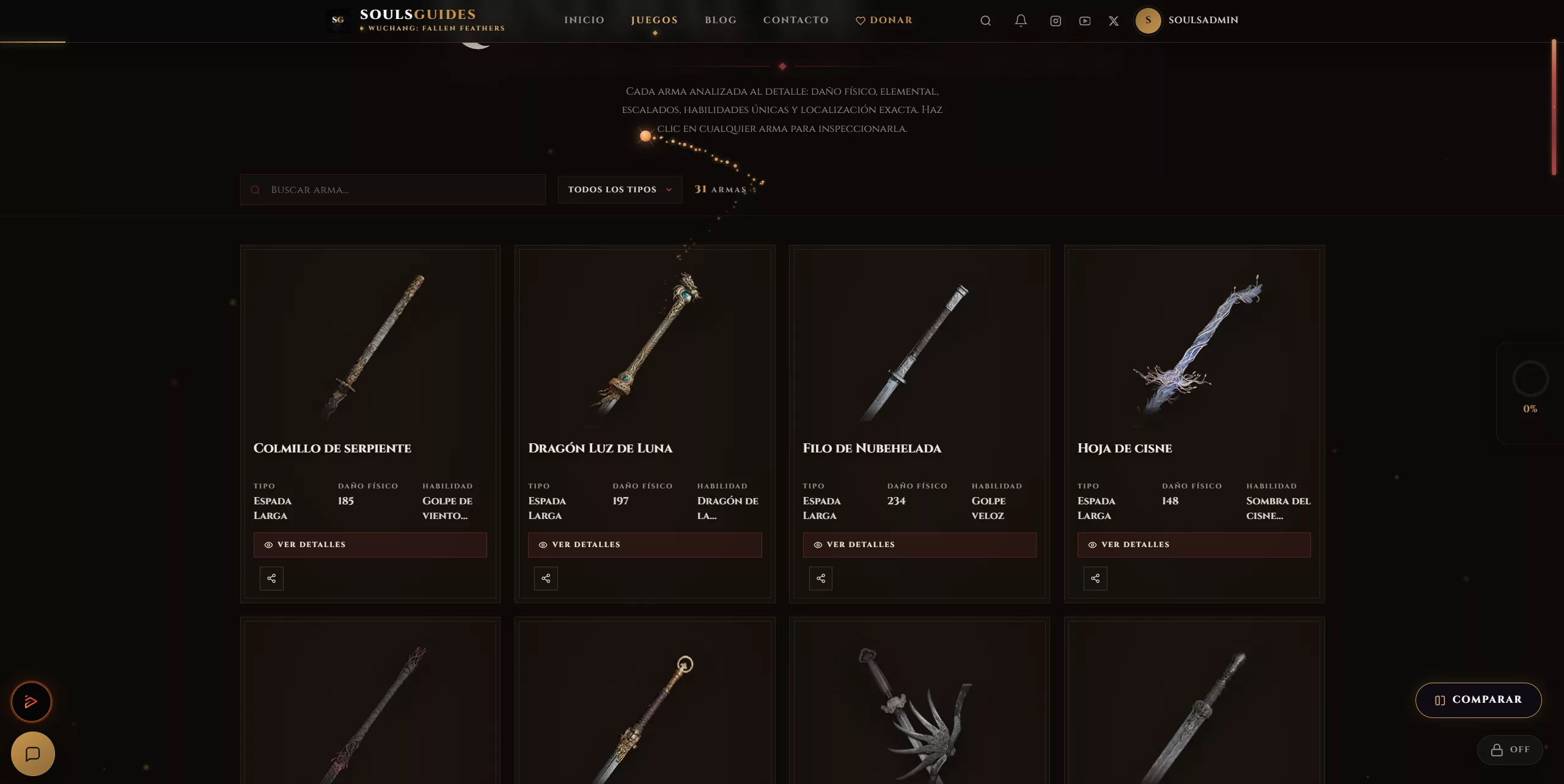 Catálogo de armas de un juego